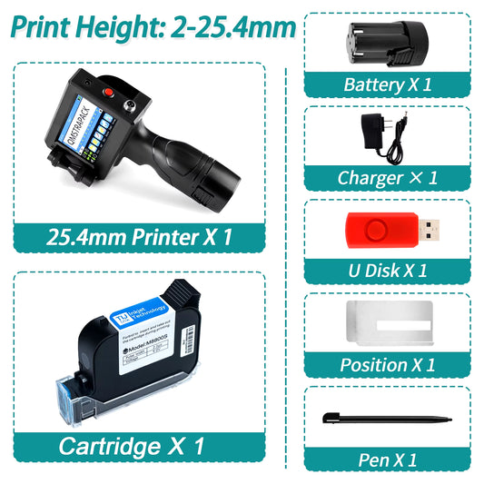 12.7/25.4Mm Handheld Inkjet Printer Gun QR Barcode Batch Date Number Logo Expiry Date Coding Machine Non-Encrypted 25 Languages