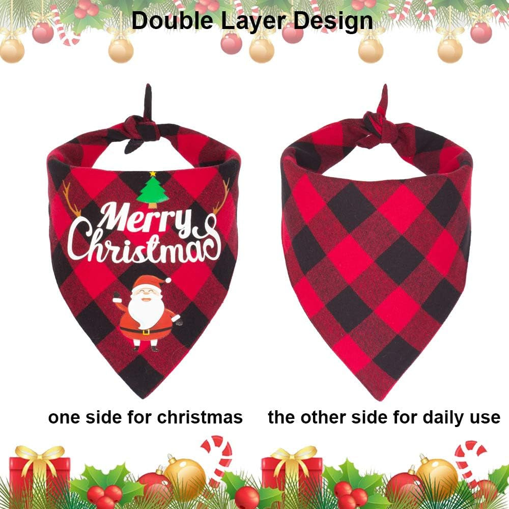 2 Pack Dog Bandana Christmas Classic Plaid Pet Scarf Triangle Bibs Kerchief Merry Christmas Santa Snowman Print Pet Bandana for Medium Large Dogs Pets (Red&Red, Large)