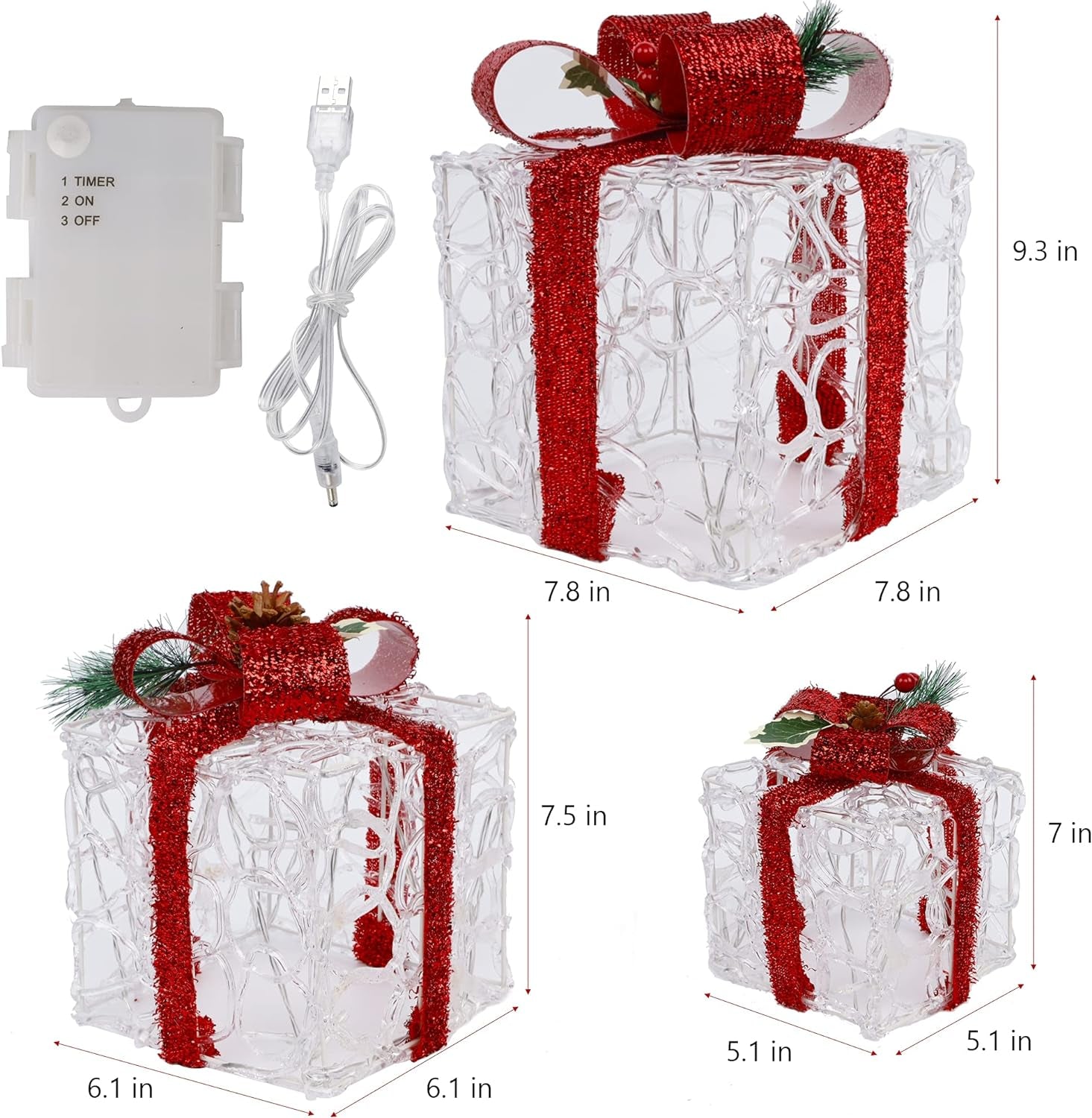 Set of 3 Lighted Gift Boxes Christmas Decorations, Clear Acrylic Pre-Lit Present Boxes, Christmas Home Gift Box Decorations