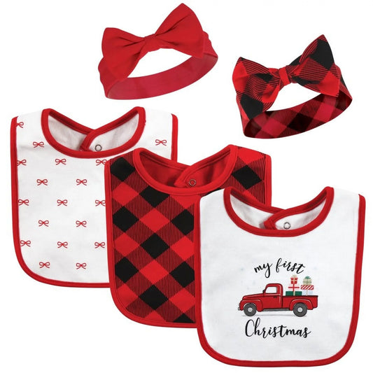 Infant Girls Cotton Bib and Headband or Caps Set, Red Truck Bows, One Size